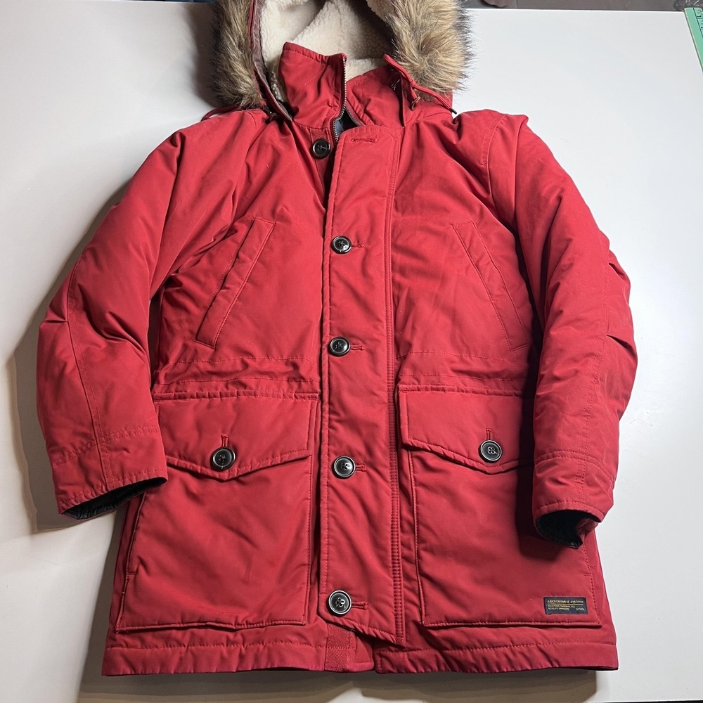 Abercrombie & Fitch Ultra Parka Mens XS Red Down Insulated Faux Fur Hood Jacket